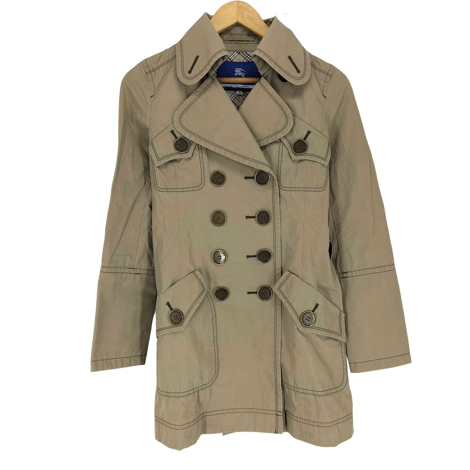 バーバリーブルーレーベル BURBERRY BLUE LABEL メタルボタン ギミック 裏地チェックトレンチコート レディース 36