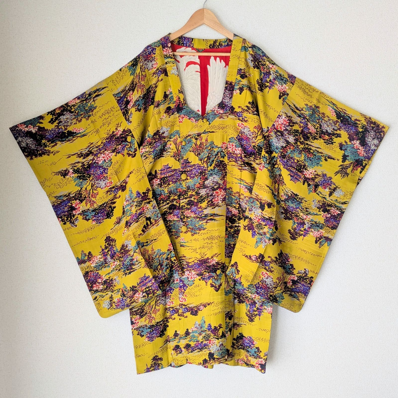 Japanese Haori coat Michiyuki Yellow Landscape pattern Silk Kimono Jacket 羽織 正絹 道行 着物コート 黄色 風景柄 一点物 大正浪漫 和洋折衷
