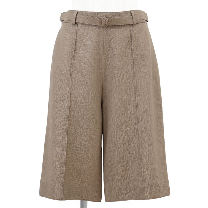 【新品同様】HERMES エルメス ハーフパンツ サイズ 38 レディース ディアスキン 鹿革 ベルテッド シグネチャー ロゴ Hライニング ワイドシルエット サイドファスナー ボトムス エトゥープ フランス製 3H1408D2