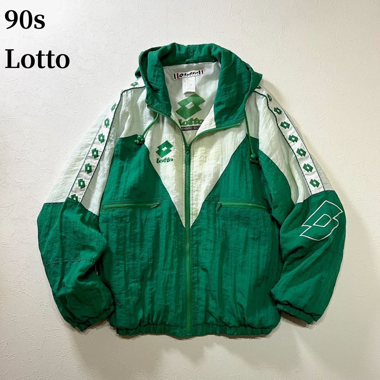 90s Lotto　ロゴテープ　ナイロンジャケット　ロット　グリーン　ホワイト　S 古着