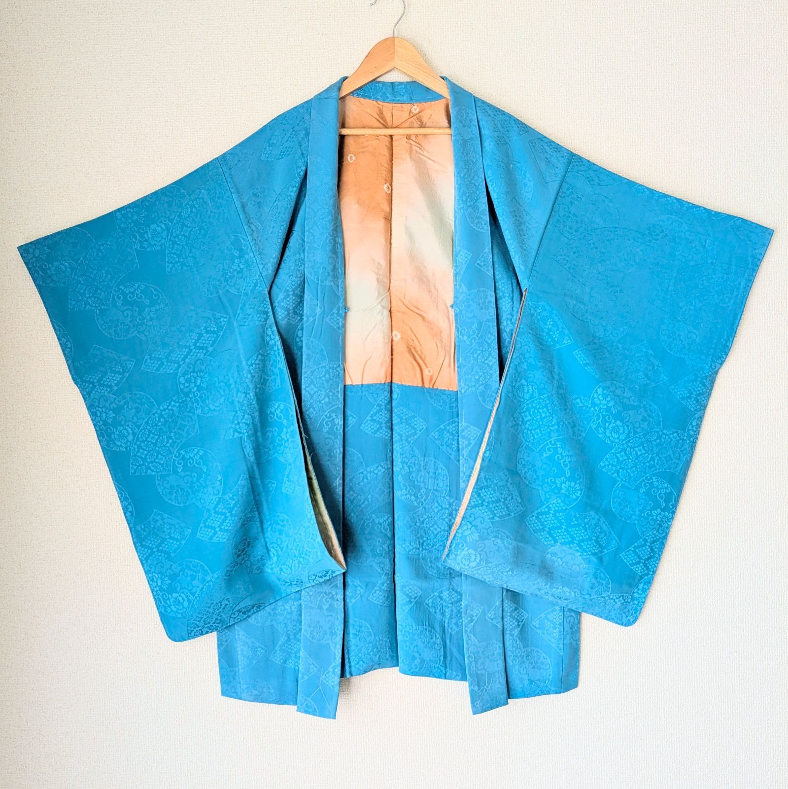 Japanese Vintage Haori Silk Turquoise blue Kimono Jacket Old-ⅽloth 羽織 正絹 色無地 地紋 ターコイズブルー 古布 時代布 一点物 大正浪漫 和洋折衷