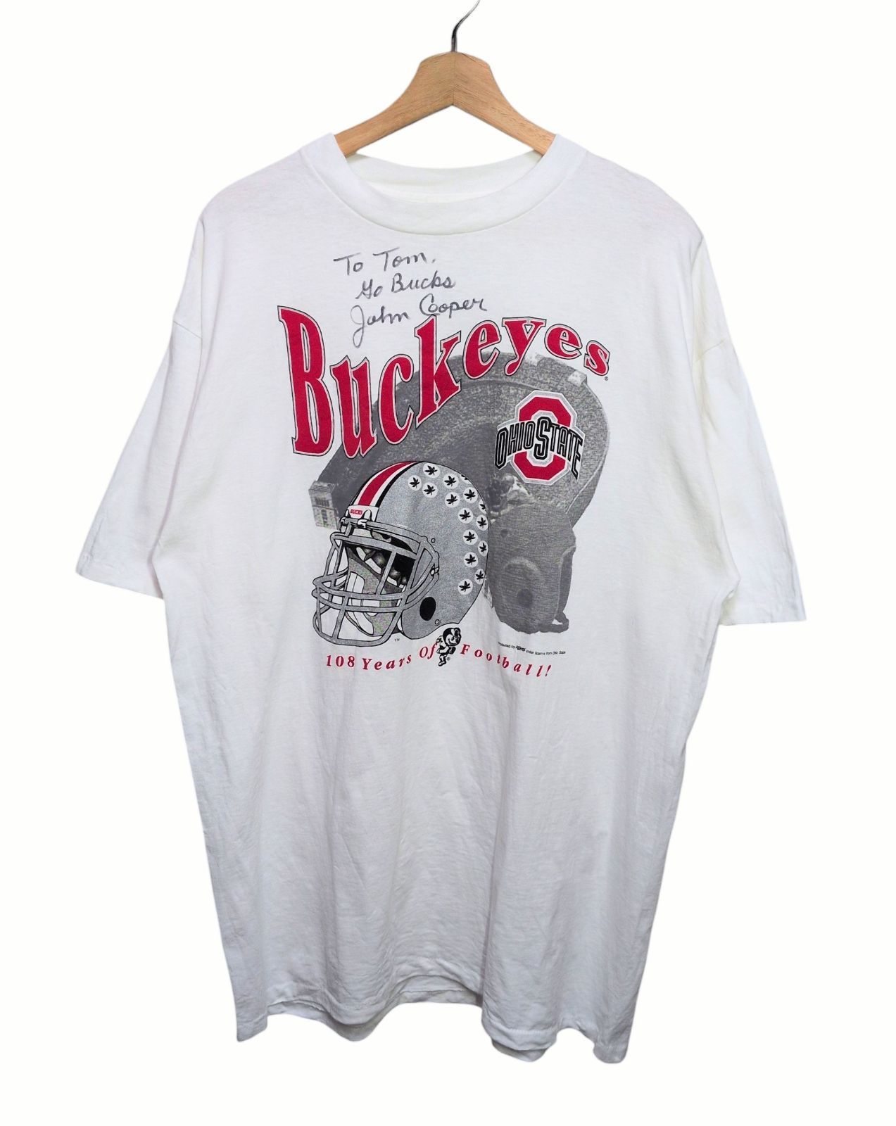 90s USAファブリックメキシコ製 ONEITA NCAA オハイオ州立大学 Ohio State Buckeyes フットボールTシャツ John Cooper サイン入り
