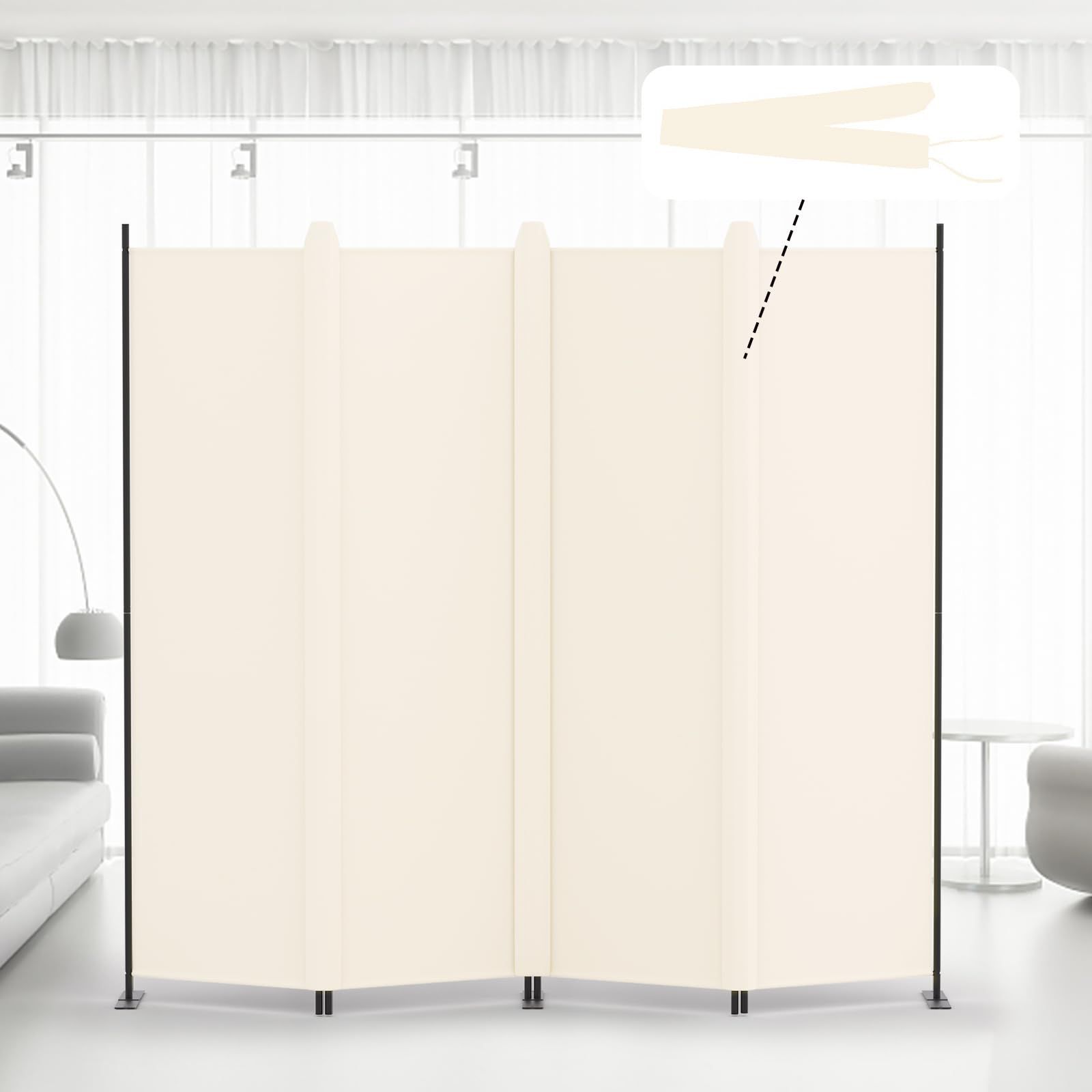 Kokorona パーテーション 間仕切り 4連 カバーストリップ付き 高さ180cm 幅224cm 衝立パーテーション スクリーン 折りたたみ 布タイプ 屏風 目隠し 区切り 衝立 軽量 オフィス 事務所 ベージュp ce84812a