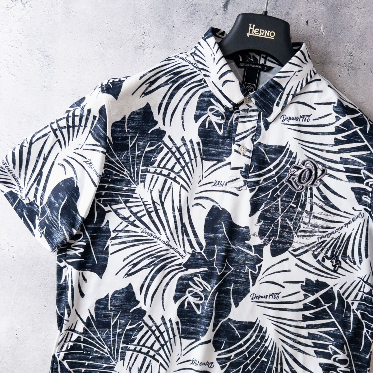 美品 ZOY ゾーイ 半袖 ポロシャツ パームリーフ 総柄 ボタニカル リゾート メンズ 2 (L) ホワイト 白 ネイビー 紺 日本製 ゴルフウェア