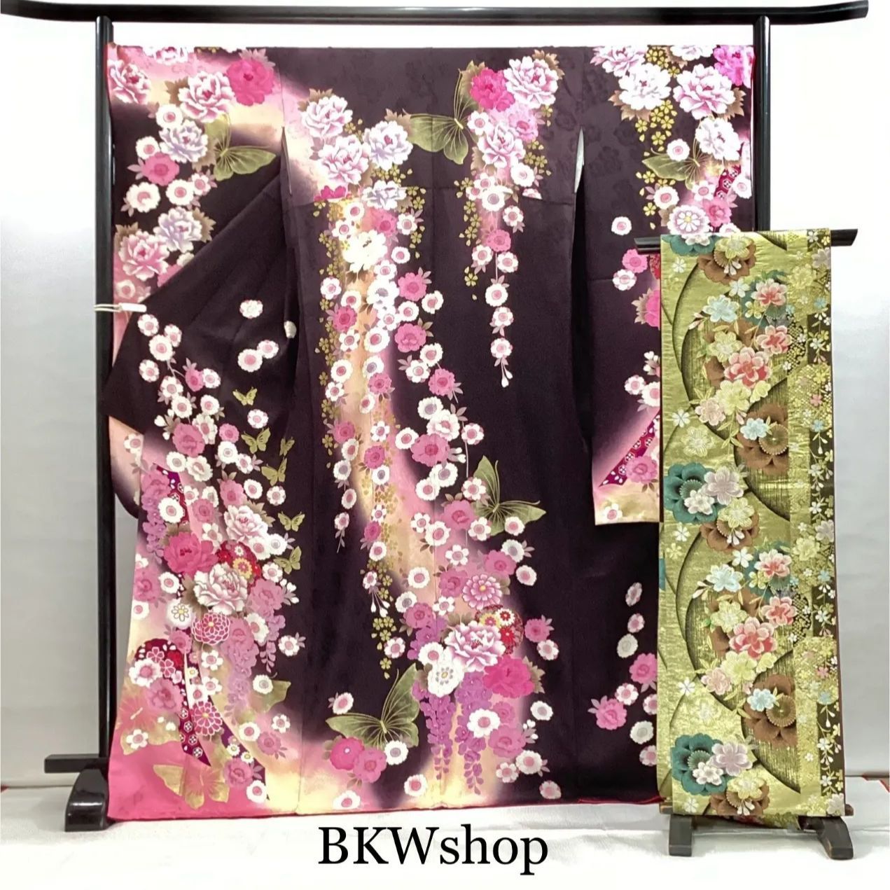 大特価 現品限り＞ used 正絹 振袖・袋帯 2点セット 茶色地しだれ桜に 
