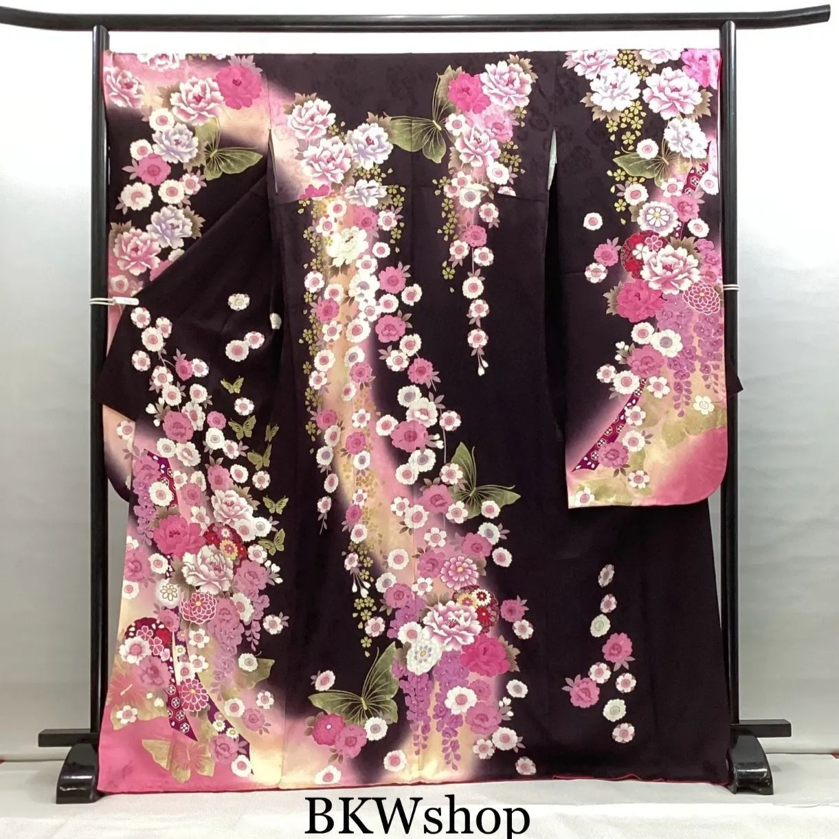 大特価 現品限り＞ used 正絹 振袖・袋帯 2点セット 茶色地しだれ桜に