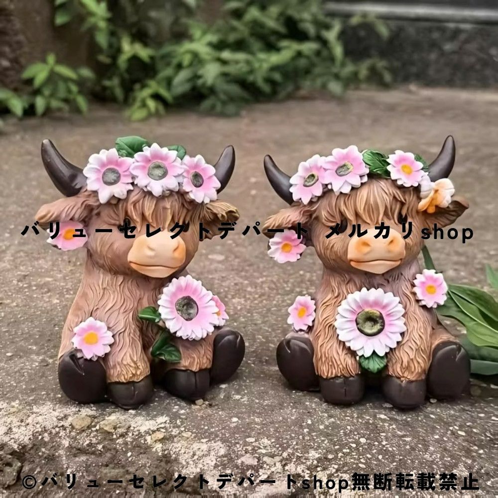 ハイランドカウ プランター オーナメント 2個セット レジン製 牛オブジェ ピンクリース付き ペンホルダー ガーデン雑貨 北欧インテリア 動物フィギュア かわいい 卓上収納 デスクトップ装飾 棚飾り 中庭オーナメント ナチュラル カントリー風