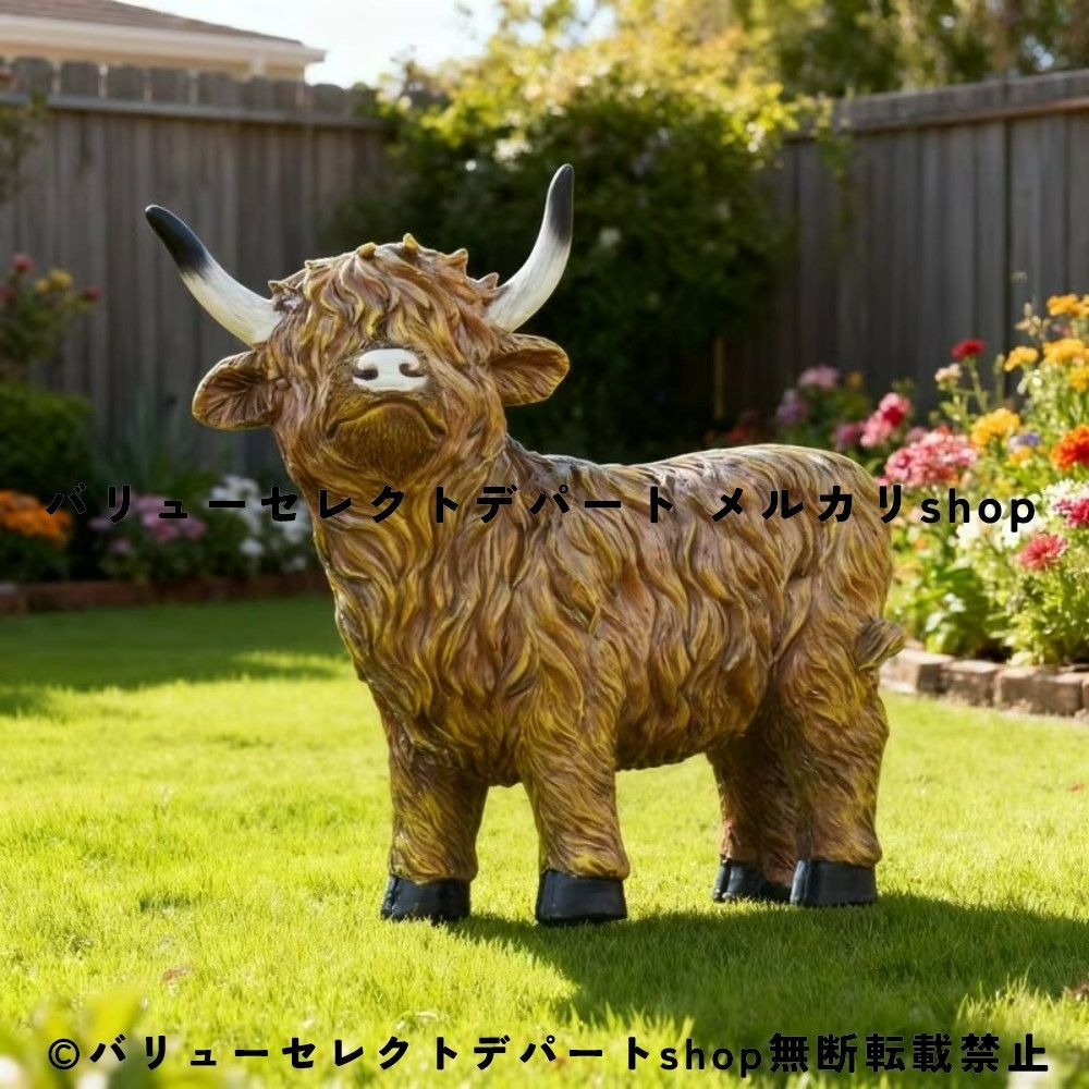 ハイランド牛 オブジェ レジン製 ガーデンオーナメント アニマル置物 屋外インテリア 北欧風 カントリー雑貨 ファームハウス装飾 牛フィギュア 庭 ベランダ 芝生 玄関 パティオ ガーデニング雑貨 ナチュラル アンティーク調 動物オブジェ おしゃれ 農場風