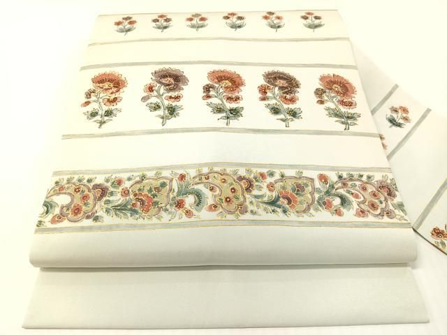 平和屋着物●塩瀬　九寸名古屋帯　更紗横段文　金彩　正絹　逸品　CABG1773vp