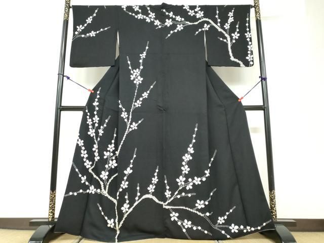 平和屋着物●訪問着　絞り　枝花文　黒地　正絹　逸品　DABD9909ud