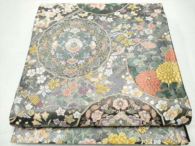 平和屋着物●六通柄袋帯 唐織 春秋鏡裏文 金銀糸 引箔 正絹 逸品 CABH4900hy