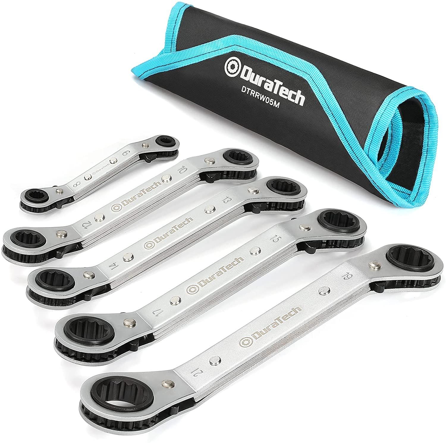 DURATECH メガネレンチセット アングルラチェットレンチセット ラチェットレンチ メガネレンチ レンチセット 方向切替可 6x8mm 10x12mm 13x14mm 15x17mm 19x21mm 自動車修理 収納バッグ付属 5本組(沖 44725c00