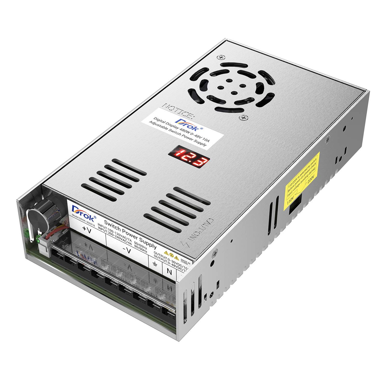 DROK スイッチング電源 AC-DCコンバーター 入力AC110/220V対応 480W (0-48V 10A 可変) 安定化直流出力 過負荷保護・放熱ファン付きY 56d63c3b