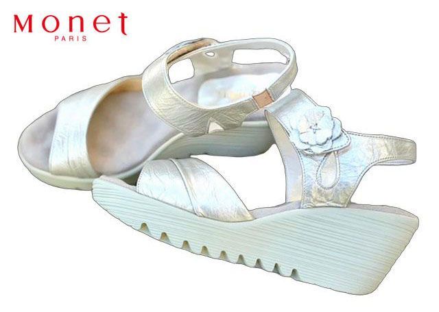 モネ 882300 Monet 厚底ソフトレザーサンダル ウエッジサンダル 厚底サンダル レディースサンダル 3E 日本製 レザー 本革 天然皮革 ウエッジソール 履きやすい 歩きやすい 柔らかい 美脚 おしゃれ オシャレ 婦人 靴 シルバー 銀色