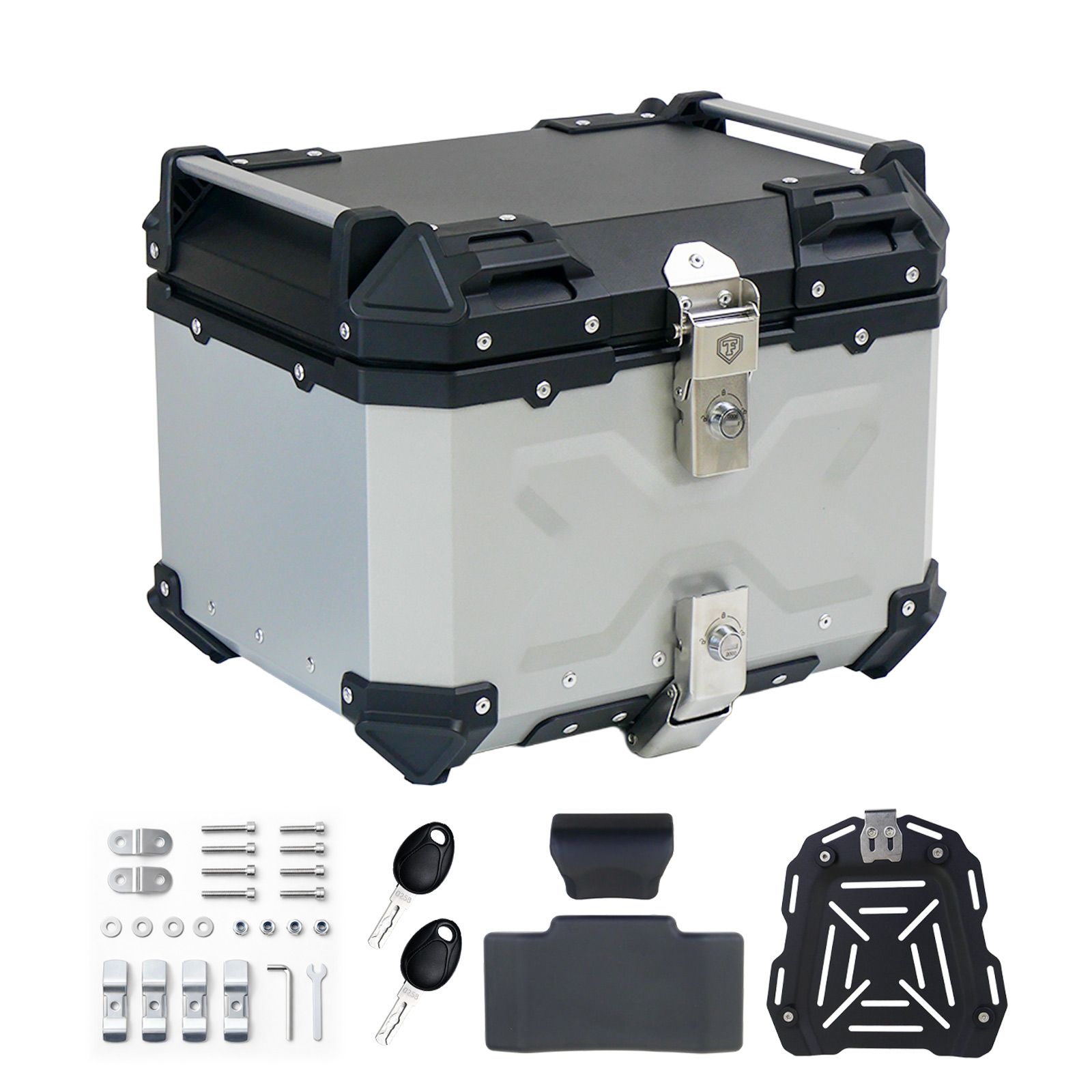 【新品・未使用】 リアボックスシルバー 45L ONE STEP リアボックス バイク 45l 背もたれ バイクリアボックス大型 トップケース バイク 45l アルミ 大容量 軽量