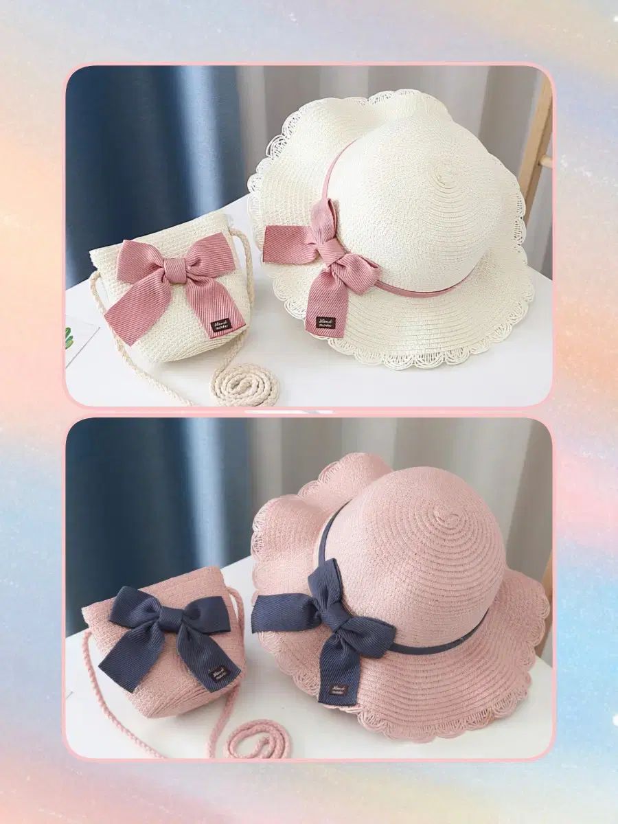 新品 小学生 女の子/子供用 リボン 麦わら 帽子+クロスバック セット