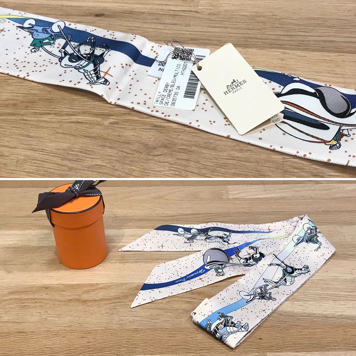 新品未使用 エルメス ツイリー スペースダービー クレーム ブルー マルチカラー 新品未使用 エルメス ツイリー スペースダービー クレーム ブルー
