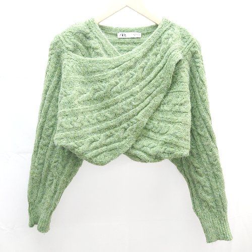◇ ZARA ザラ ケーブル編み ボリューム袖 長袖 ニット セーター サイズM グリーン レディース E 【1301260047323】