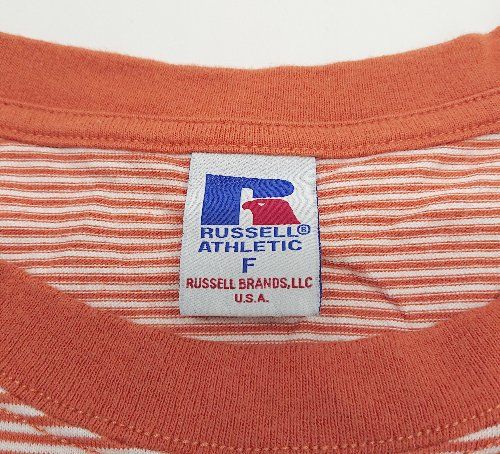 ◇ RUSSELL ATHLETIC クルーネック　ボーダー柄　シンプル 半袖 ひざ丈 ワンピース サイズF オレンジ系 レディース E 【1301260051061】