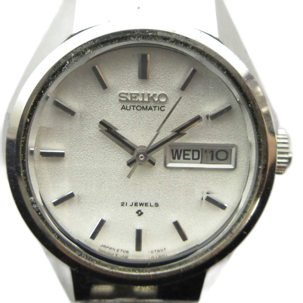 セイコー SEIKO AUTOMATIC オートマチック 2706-0250 腕時計 ヴィンテージ アンティーク ウォッチ 自動巻き 9面 カットガラス デイデイト カレンダー付き 21石 シルバー色 ■GY18 /MQ