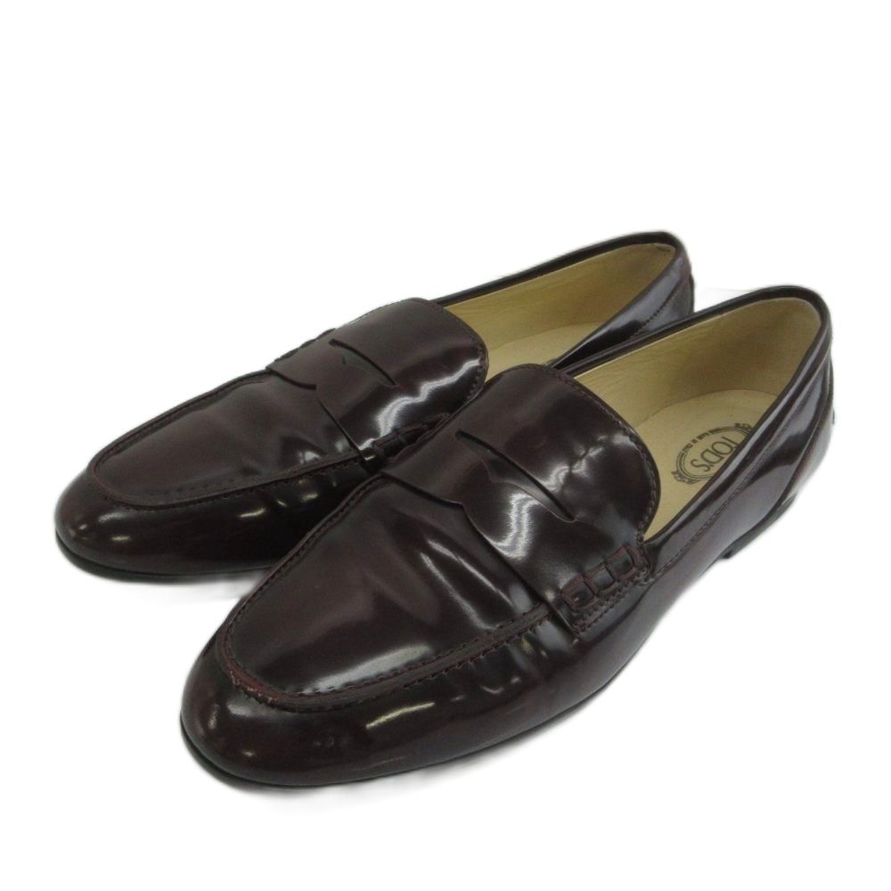 トッズ TOD'S コインローファー エナメル レザー ラウンドトゥ フラット 38 25㎝ ボルドー /XZ ■GY19