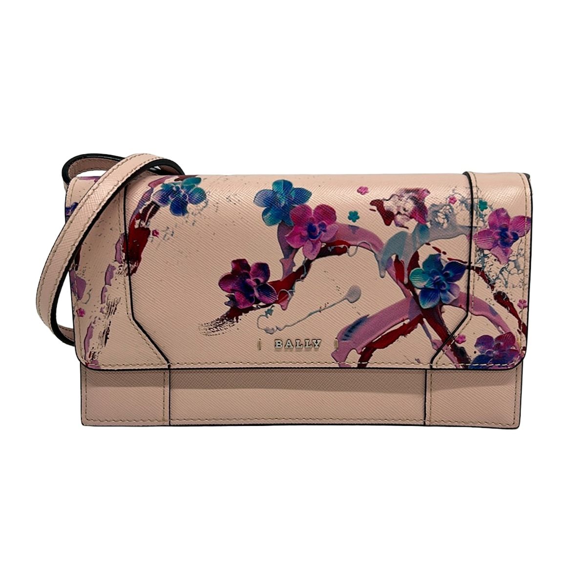 BALLY(バリー) 財布美品 - ピンクベージュ×ピンク×マルチ ショルダーウォレット/花柄 レザー