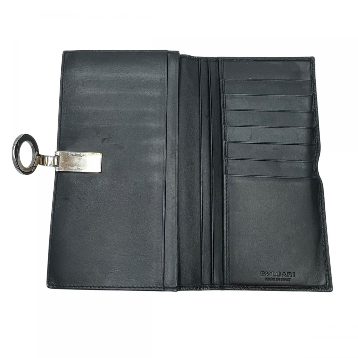 中古】 BVLGARI ブルガリ クリップ 二つ折り長財布 レザー 黒 シルバー 