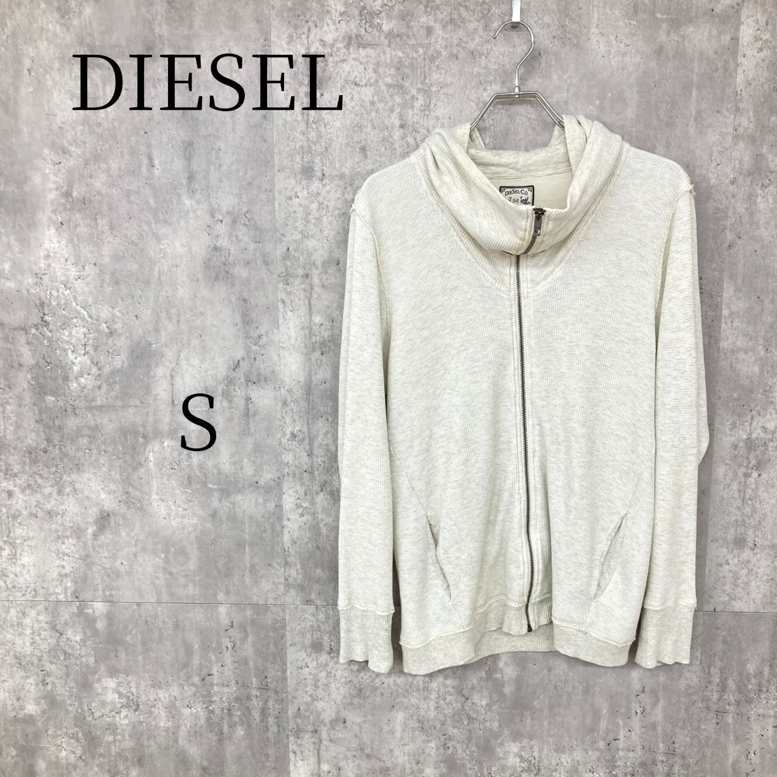 DIESEL ディーゼル ジップアップ パーカー フーディー S オフホワイト 白 ワッフル サーマル生地 綿100% カウレザー 牛革切替 ヴィンテージ加工 ワーク カジュアル 重ね着 春秋 メンズ レディース ユニセックス