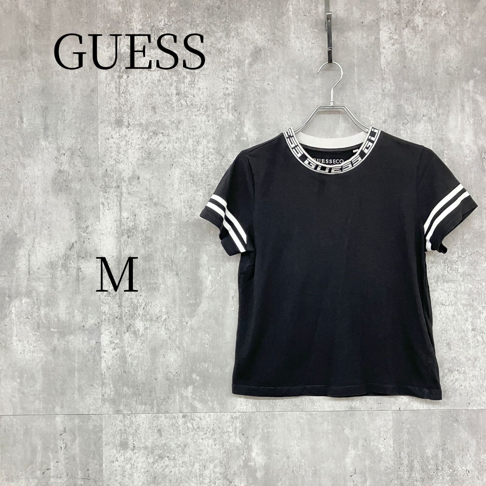 GUESS ゲス Tシャツ 半袖 M 黒 ロゴ リブ クルーネック オーガニックコットン レディース トップス カットソー ストリート カジュアル y2k モノトーン ライン デザインネック 100%綿 夏