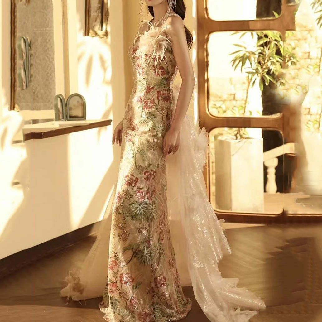 新品 パーティードレス レース タイトドレス ロングドレス花柄 グラデーション オシャレ キレイめ 結婚式ドレス チューブトップ ラインストーン 二次会 演奏会 ステージ衣装 4