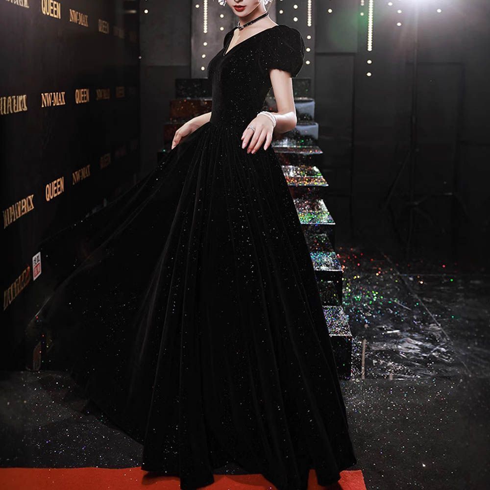 新品 ドレス 大人 ピアノ 発表会 ロングドレス パーティードレス 黒 ブラック 演奏会ドレス 結婚式 袖付き 半袖 パフスリーブ キラキラ ラメ お呼ばれ 二次会