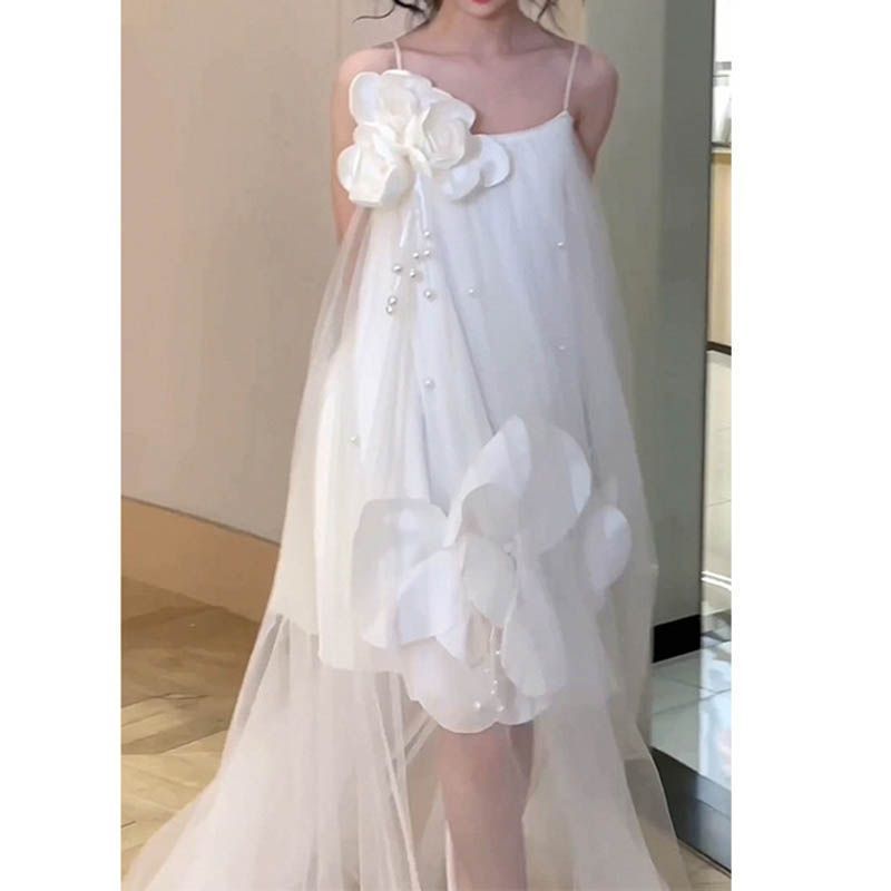 新品 ウエディングドレス aライン ミニ丈 透け感 白 袖なし キャミソールドレス 花 コサージュ 花嫁 結婚式 二次会 パーティードレス ブライダル ふんわり レイヤー イブニングドレス前撮り後撮り 披露宴 09