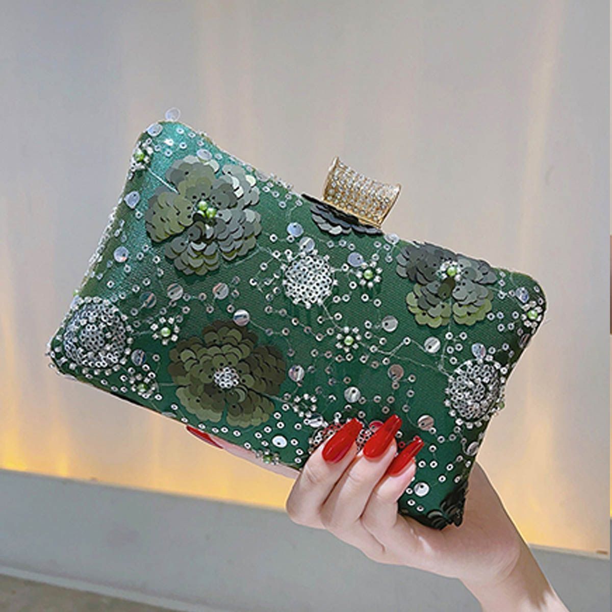 新品 パーティーバッグ クラッチバッグ 結婚式 way フォーマル セカンドバッグ ラメ キラキラ 光沢 二次会 花刺繍 スパンコール グリーン ガマ口 ゴールド金具 9
