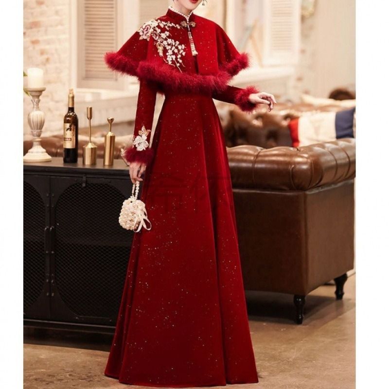 新品 ゲストドレス ワインレッド 結婚式ドレス 二次会ドレス ワイン赤 ロングドレス ベロア ベルベット チャイナ風 立ち襟 ミモレ丈 ロング丈 長袖 半袖 お呼ばれドレス オシャレ イブニングドレス パーティードレス パフスリーブ 結婚式 二次会 84
