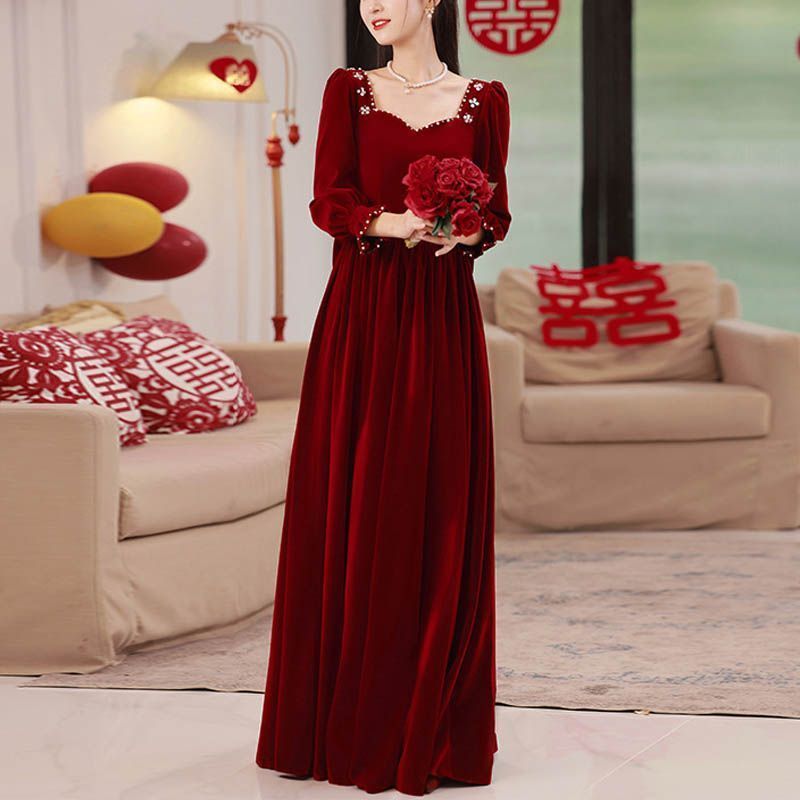 新品 カラードレス Aラインドレス 袖あり 長袖 ベルベット ロングドレス 赤 レッド ウェディングドレス 結婚式 二次会 花嫁 前撮り 演奏会 発表会 ステージ衣装 パーティードレス 49