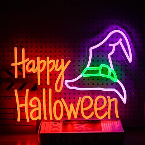 ハッピーハロウィンネオンサイン ミステリアスパープルグリーンハットLEDネオンライト 壁の装飾Happy Halloweenネオンサイン 用調光可能 ハロウィーンライトアップハロウィーンの装飾のための看板ホームパーティー寝室の装飾(16.5 19591f27