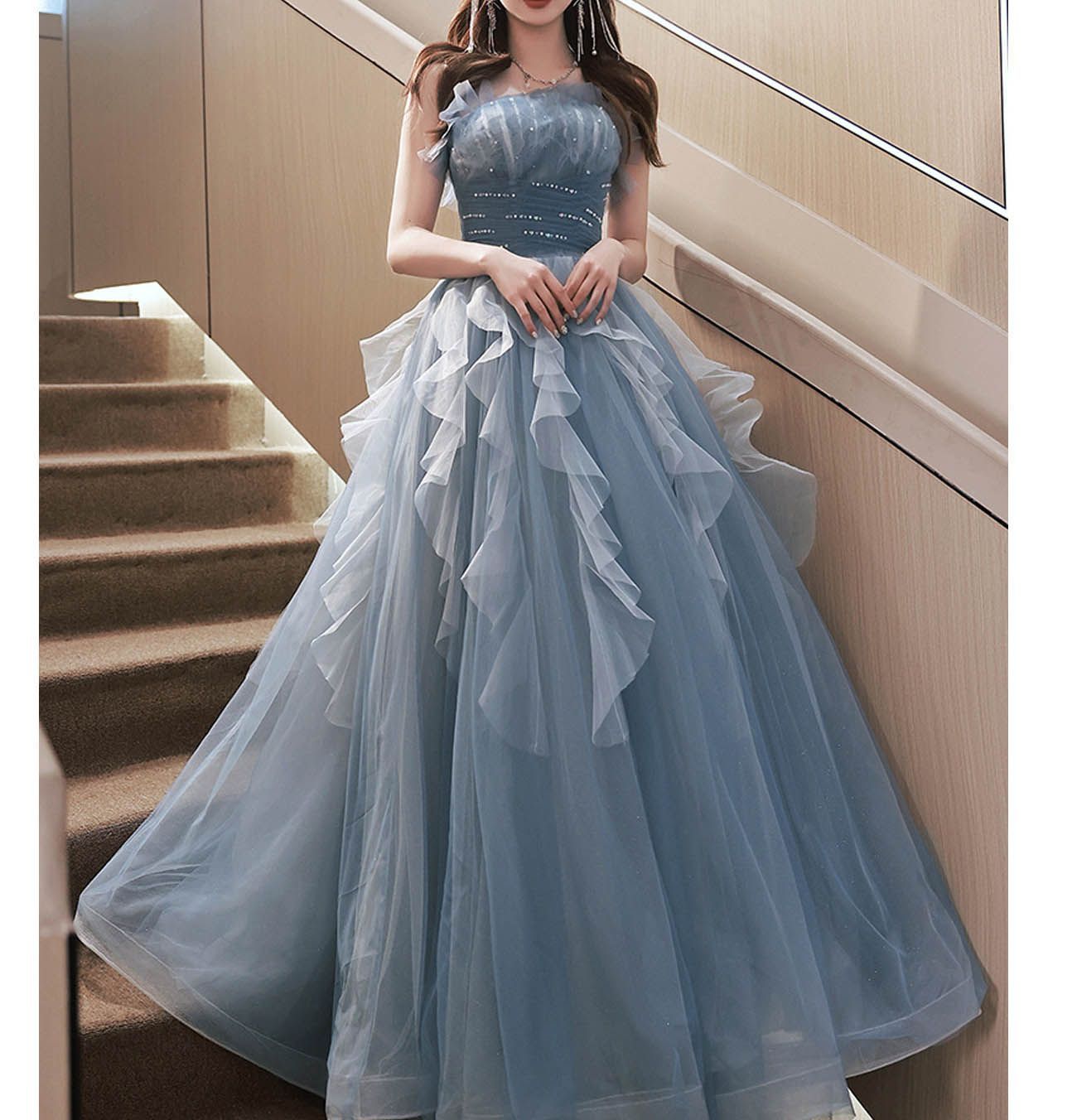 新品 カラードレス プリンセスライン 青 ブルー パフスリーブ 長袖上品 ロングドレス ウェディングドレス 結婚式 二次会 花嫁 前撮り 演奏会 発表会 ステージ衣装 シフォン ふわふわ 4