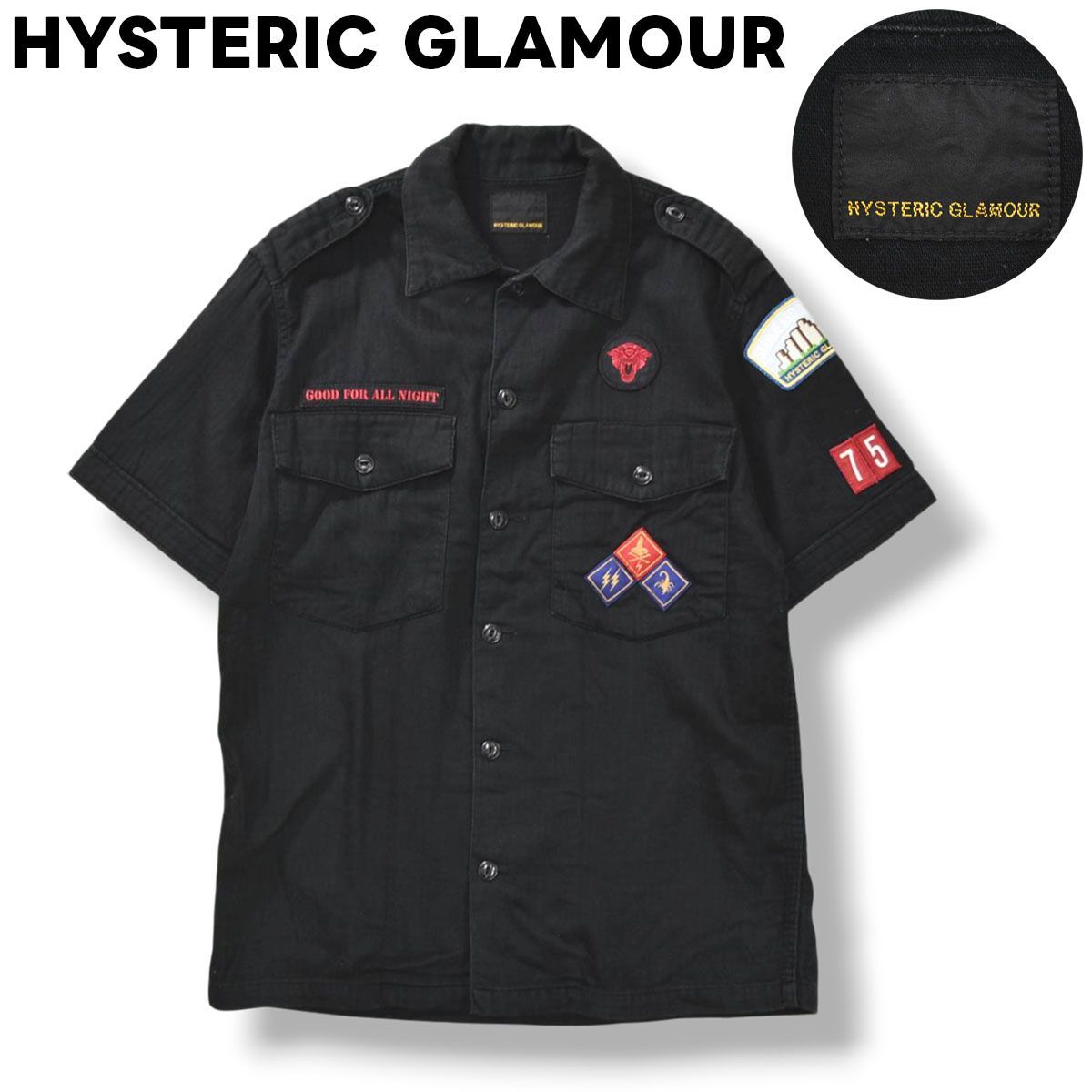 【美品】 日本製 ヒステリックグラマー HYSTERIC GLAMOUR 半袖 ボーイスカウト ワーク シャツ ロゴ ワッペン S ヘリンボーン ブラック ストリート アメカジ Y2K メンズ
