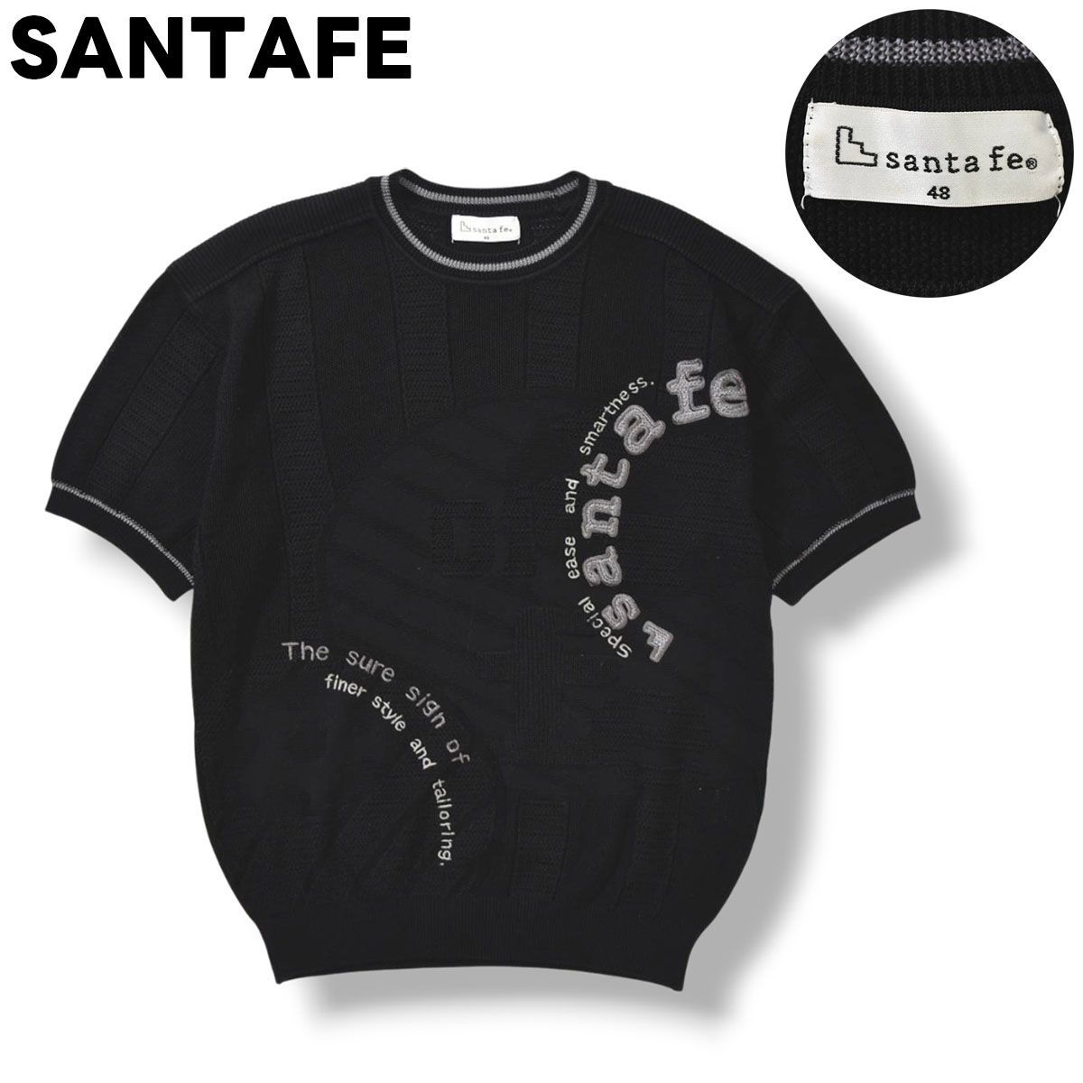 【美品】 日本製 サンタフェ SANTAFE 半袖 サマー ニット セーター ローゲージ クルーネック ロゴ 刺繍 48 ブラック ストリート アメリカン カジュアル メンズ