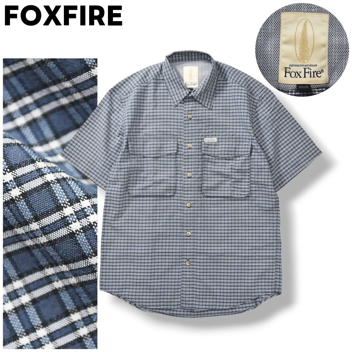 フォックスファイヤー FOXFIRE 半袖 フィッシング シャツ ダブルポケット ラウンドヘム メッシュ ベンチレーション M チェック柄 ネイビー アウトドア ウェア レジャー 釣り メンズ