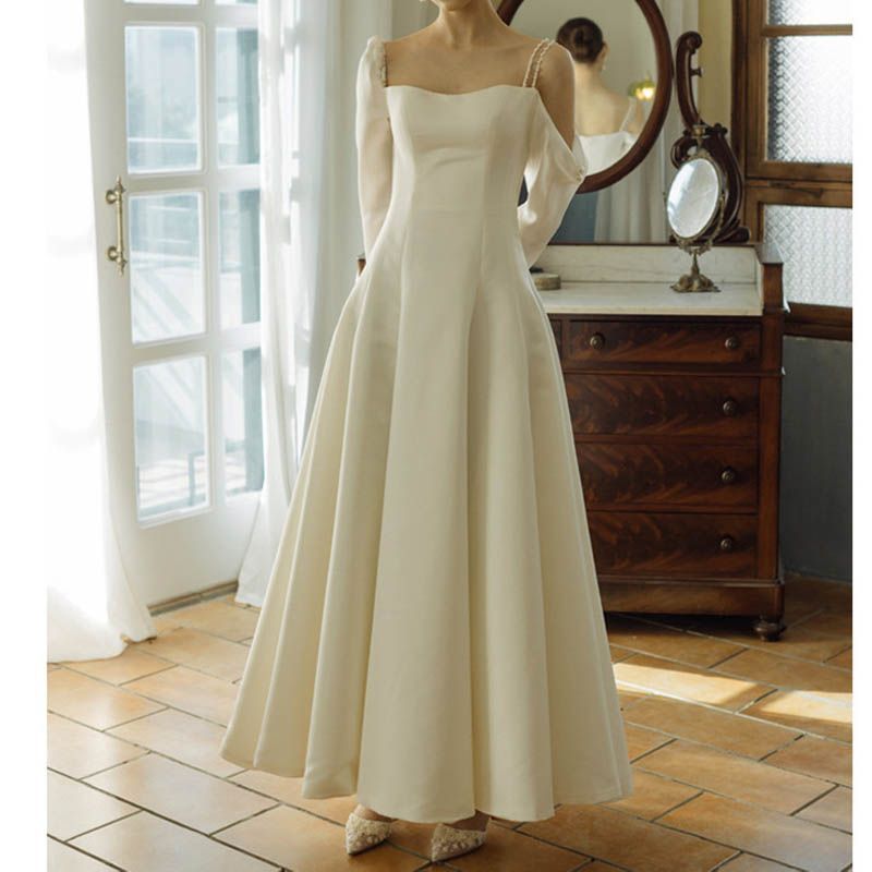 新品 ウェディングドレス 二次会 花嫁 結婚式 Aライン 長袖 シンプル ウエディングドレス パール刺繍 白 ブライダル 披露宴 発表会 前撮り お呼ばれ フォーマルドレス 079