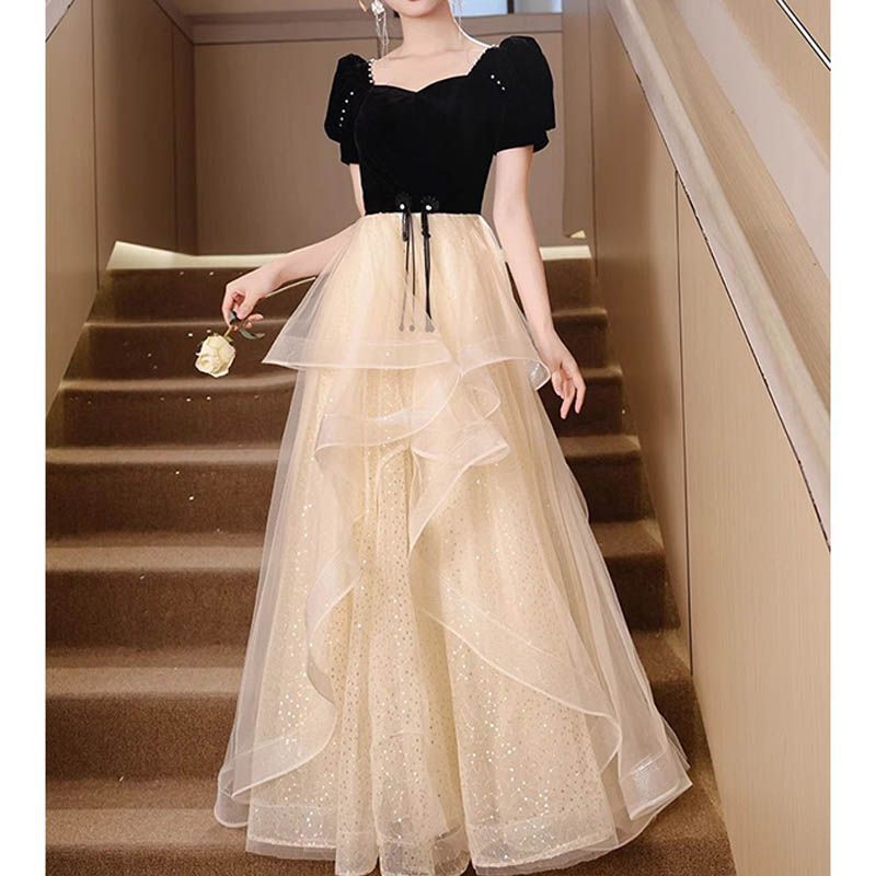 新品 パーティードレス ロング 袖あり 半袖 黒 ベルベット ドレス 結婚式 二次会 マキシ丈 チュール ホワイトスカート モノトーンドレス 演奏会ドレス 大人 ピアノ発表会 イブニングドレス フレアスカート 068