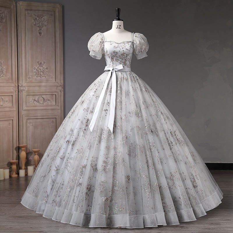 新品 カラードレス カクテルドレス ロングドレス 白 ホワイト パーティードレス パフスリーブ 半袖 結婚式 二次会 発表会 演奏会 ステージ イブニングドレス スパンコール刺繍 前撮り プリンセス風 0