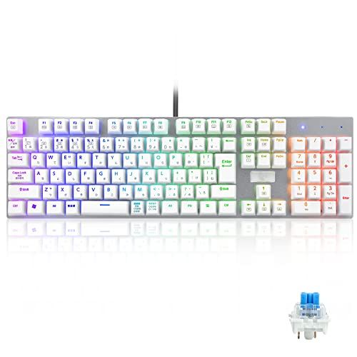 【日本語配列】e元素メカニカル式ゲーミングキーボード 赤軸・青軸を採用 フルサイズ109キー Type-C USB有線接続 全キー防衝突 RGB発光LEDバックライト付き Windows/Mac OS対応 オフィス/ゲーム用JP配列キーボード (青軸･ホワイp