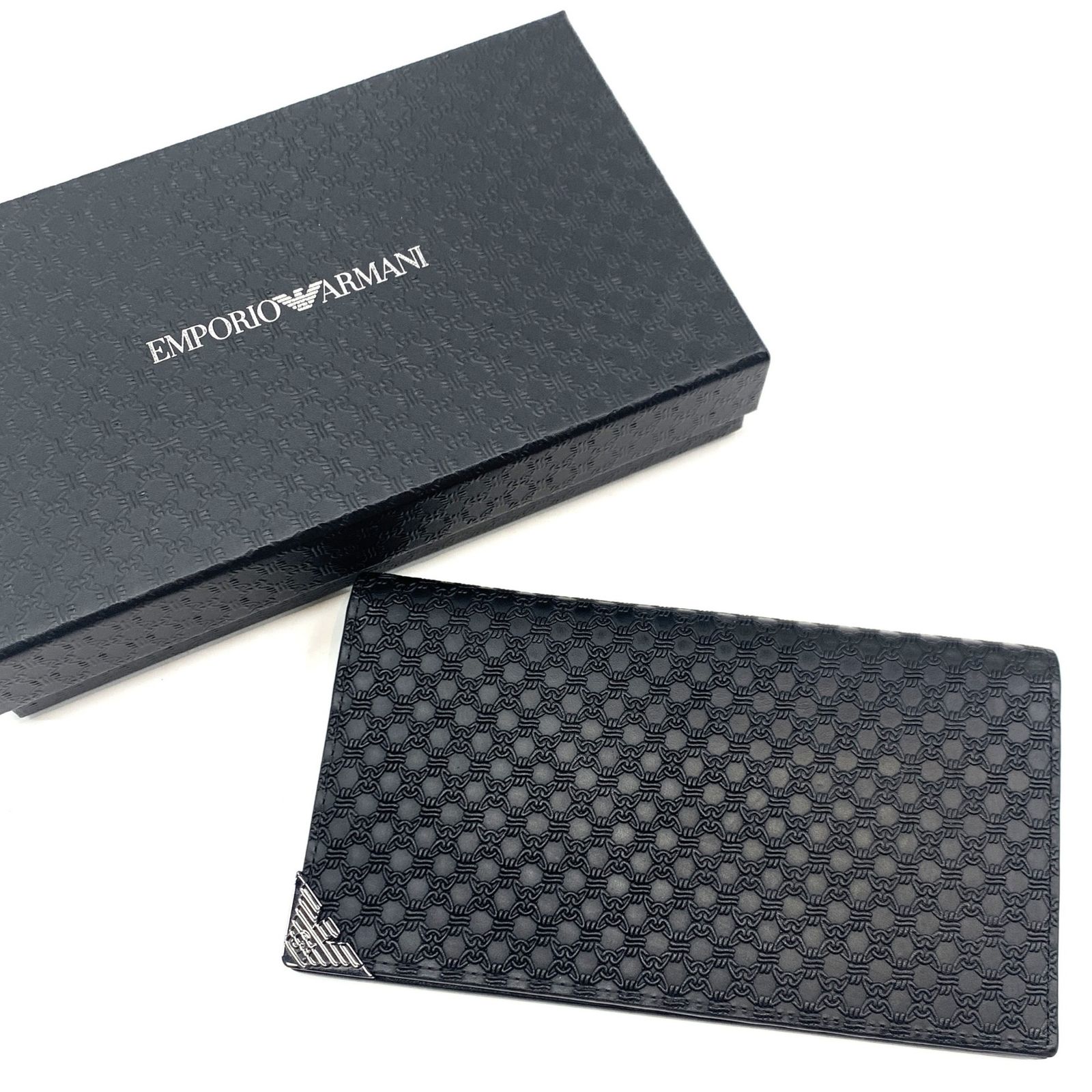 箱付 EMPORIO ARMANI エンポリオアルマーニ 長財布 ロングウォレット 二つ折り チェーンエンボス ロゴプレート カードポケット×16 ブラック