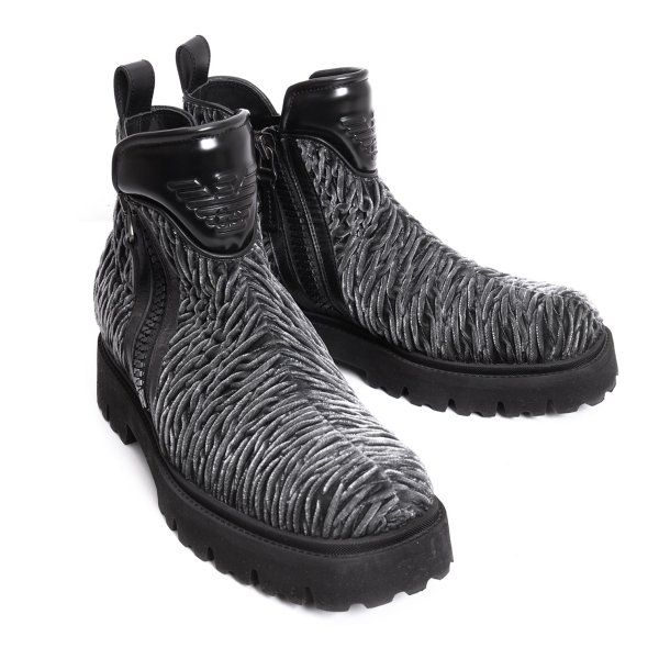 エンポリオアルマーニEMPORIO ARMANI 立体ベロアショートブーツ グレー黒8(28cm位)