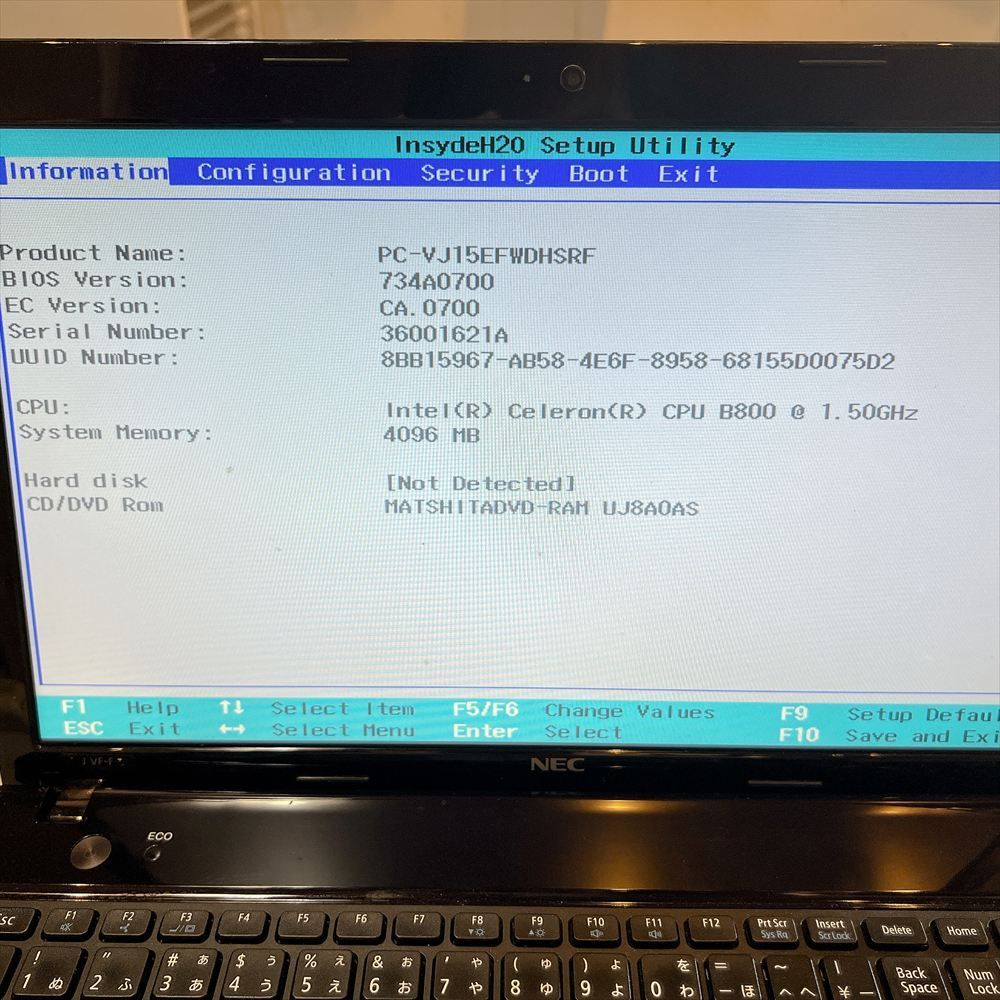 ジャンクPC】 NEC Versapro VK15EF-F ノートPC メモリ4GB HDDなし HJ
