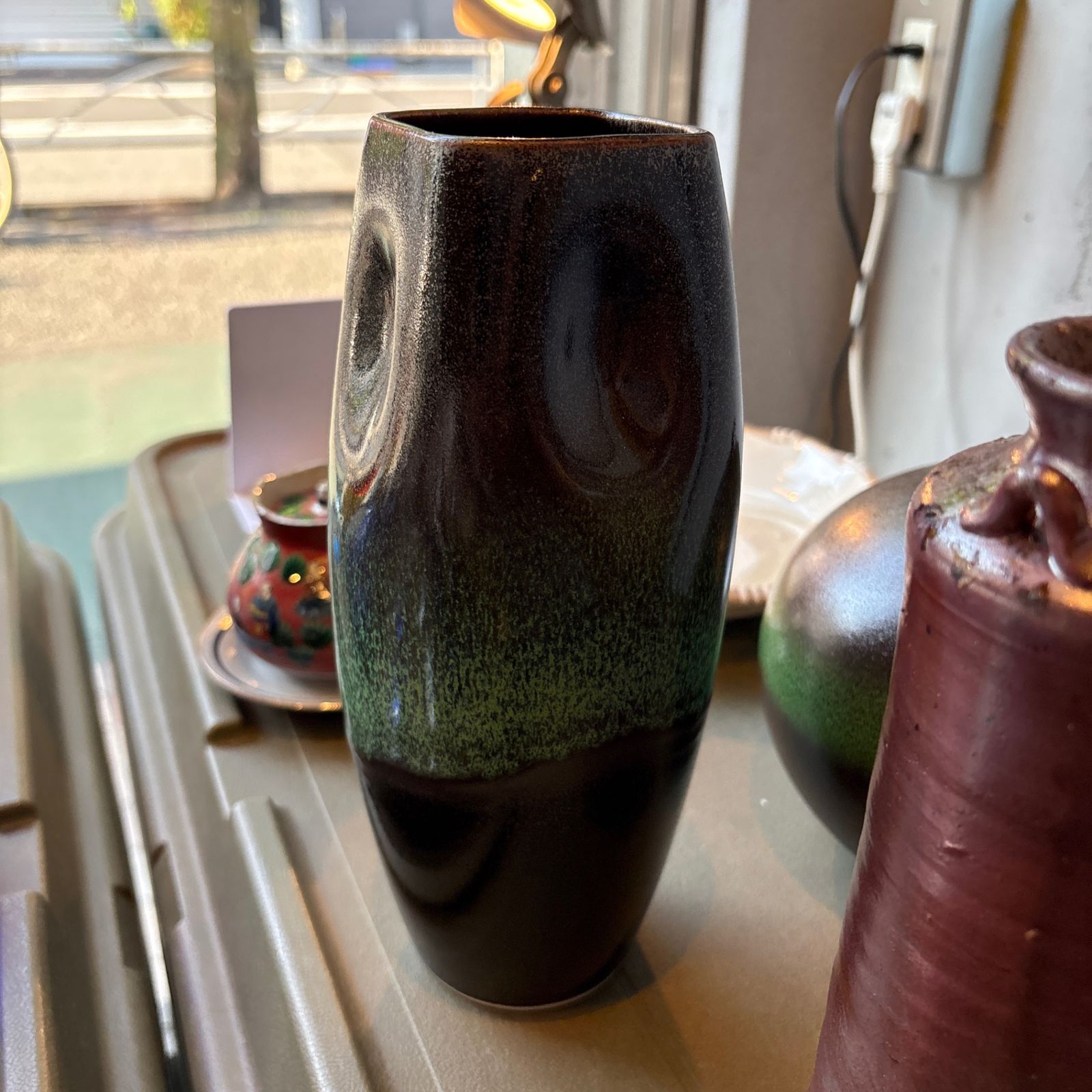 【東あずま店 併売品】 たち吉 花瓶 長 グリーン みどり 緑色 ミドリ ブラック 黒 クロ BLACK JAPANESE 和風 モダン 瀬戸物 陶器 かびん フラワー