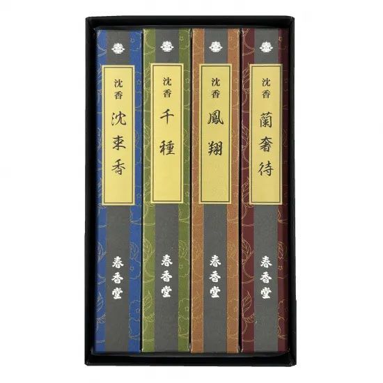 小型進物線香『蘭奢待・鳳翔・千種・沈束香』短寸4箱入 黒紙箱 日本製