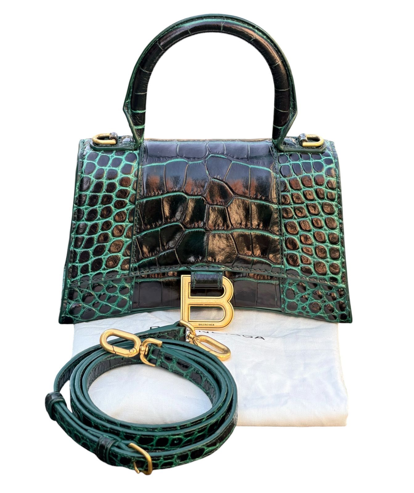 超美品◆バレンシアガBALENCIAGAアワーグラスHOURGLASSクロコダイル型押しハンドバッグゴールドG金具ショルダーバッグレディースバッグ鞄エメラルドグリーン系